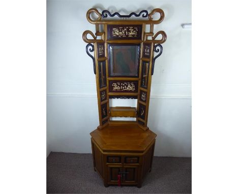 A Chinese Early 20th Century Bent and Fruit Wood Hall Stand, with square mirror, flanked by two rectangular mirrors, the stan