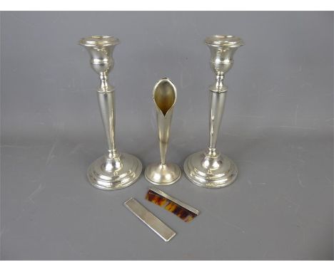 A Pair of Antique Silver Candle Sticks, all marks rubbed, approx 25 cms, together with a brushed silver bud vase, Sheffield h