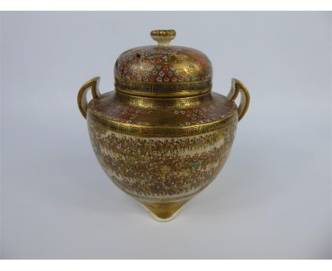 A 19th Century Japanese Earthenware Koro &amp; Cover, skillfully painted with noble-woman in a garden setting and an army of 