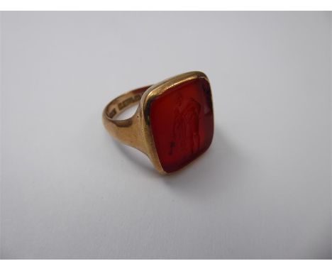 A Gentleman's Antique 9-ct Rose Gold and Cornelian Ring, size S, approx 10.5 gms. (af)