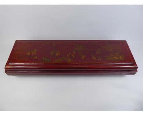 A Chinese Antique Red-Painted Rectangular Scroll Box, hand painted with scenes of children at play in a garden setting, appro