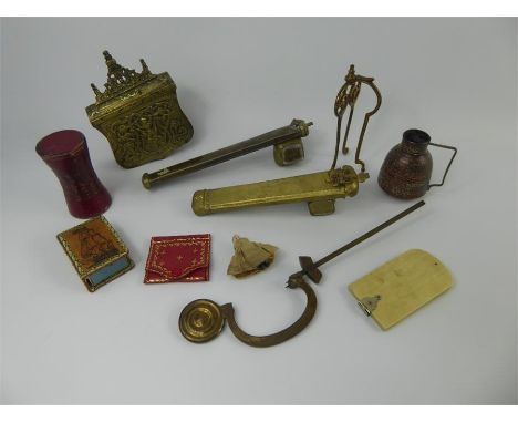 Quantity of Miscellaneous Items, including match boxes, bone note book, vintage brass metronome, miniature doll, two brass tr
