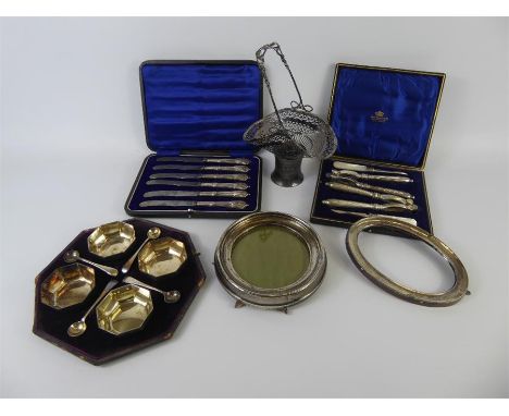 Miscellaneous Silver and Silver Plate, including Arthur Jack nut-cracker set, a set of silver handled butter knives, silver p