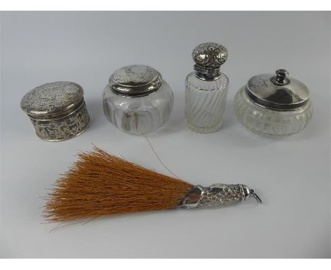 Four Cut-Glass and Silver Topped Vanity Jars, various hallmarks, the two stamped 800 and two stamped Birmingham hallmark, tog