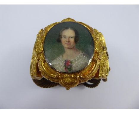 A Late 18th to 19th Century 14ct Yellow Gold Ornate Mourning Portrait Bracelet, the painted portrait miniature depicting a la