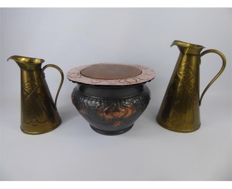 Miscellaneous Art Nouveau Items, including a hammered copper planter with incised foliate decoration, approx 32 cms h, copper