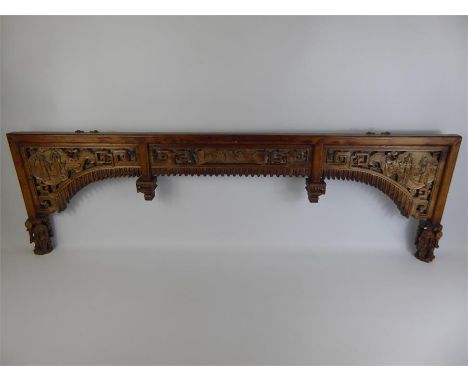 A Chinese Antique Hardwood Lintel Panel, with decorative foliate carving, approx 132 x 6 x 41 cms. Bears Shanghai Antiquities