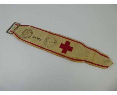 A WWI British Red Cross Society Armband marked 'Army Medical Service and dated '22nd July 1917'.