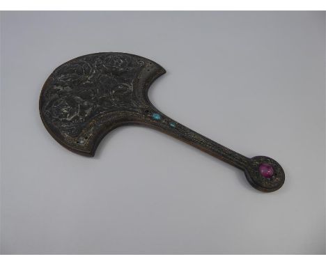 An Art Nouveau Pewter Stone Inlaid Hand Mirror, approx 37 x 19 cms. (af)