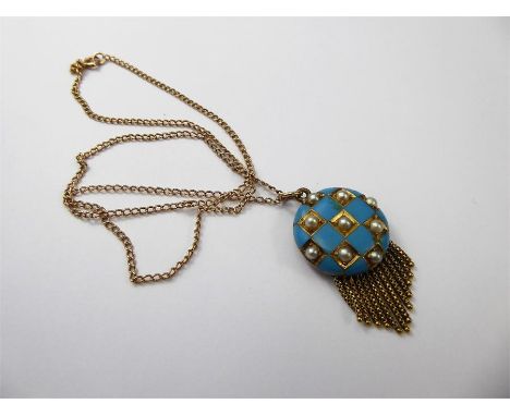 A 1920's Art Deco 14ct Yellow Gold Turquoise Enamel and Pearl Button Portrait Pendant, the pendant engraved and dated 1920, s