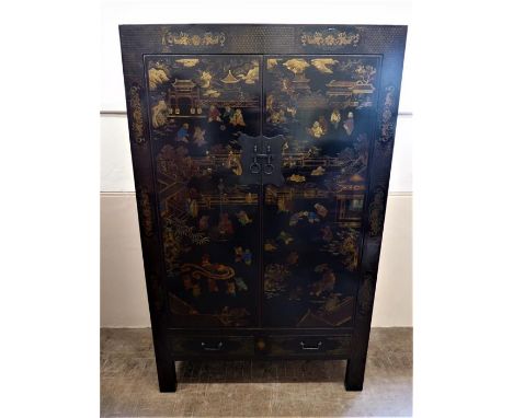 A Chinese Late 19th Century Elm Qing Dynasty Black Lacquer Armoire, with double cupboard beautifully hand painted in intricat