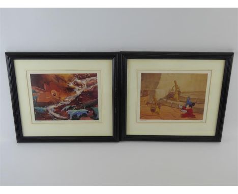 Two Walt Disney Prints, the first depicting Mickey Mouse as "The Sorcerer's Apprentice" from Fantasia 1940 and "Bambi" from 1
