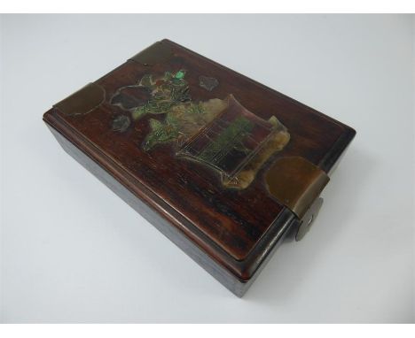 Antique Chinese Trinket Box, with foliate jade inlay to lid, internal mirror and storage compartments. (losses evident to the