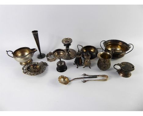 Miscellaneous Silver, including sugar bowl, jug, mustard, sugar nips, candlesticks, milk jug, two peppers and a napkin ring.