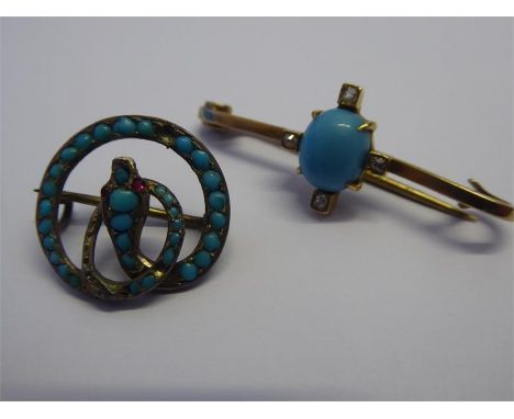 A 9ct Yellow Gold Turquoise and Diamond Brooch, four old cut dias, turquoise is approx 9 x 7mm together with a silver turquoi