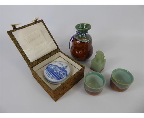 Chinese and Japanese Items, including a boxed three piece sake set,&nbsp; together with a hand carved lion jadeite seal and a