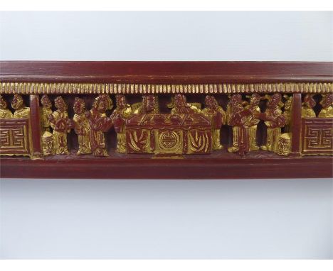 A Chinese Antique Red-Painted Lintel Carving, approx 108 x 109 cms, with decorative carving and dragon finials.  Bears the Sh