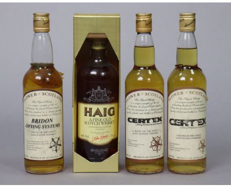 A bottle of Haigh fine old Scotch Whisky (75cl); &amp; three bottles of Flowers of Scotland (70cl), all with contents. 