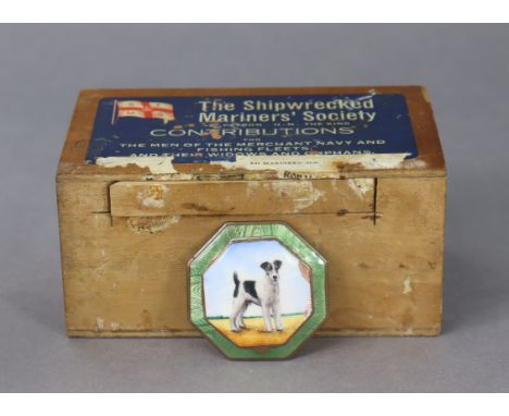 An enamelled gilt-metal compact of octagonal form &amp; with portrait of a dog to the hinged lid, 5.5cm wide (w.a.f.); &amp; 