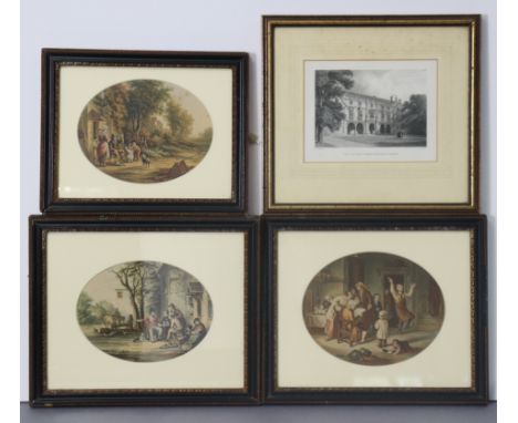 Three small coloured Baxter prints (oval); &amp; a small black &amp; white print “The Pepysian Library, Magdeleh College”, 12
