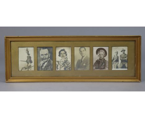 A framed display of six early 20th century autographed portrait photographs of actors and actresses including Stanley Hollowa