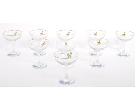 An assortment of nine vintage 20th century circa. 1960's Babycham cocktail coupe glasses. Each with the deer decal.&nbsp;