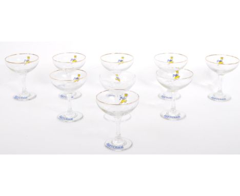 An assortment of nine vintage 20th century circa. 1960's Babycham cocktail coupe glasses. Each with the deer decal.&nbsp;