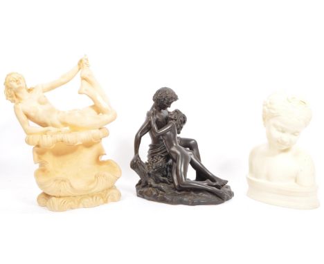 Collection of three resin figures, comprising of a young girl with platted hair and hair ribbon, made in Italy, nude lady hol