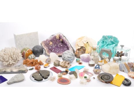 Large collection of various minerals and fossils to include, quartz, amethyst, pyrites, agate geodes, ammonites, coral and sh