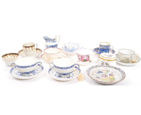 A collection of 19th century tea cups and saucers to include Miles Mason, multiple New Hall examples, 2x mintons twin handled