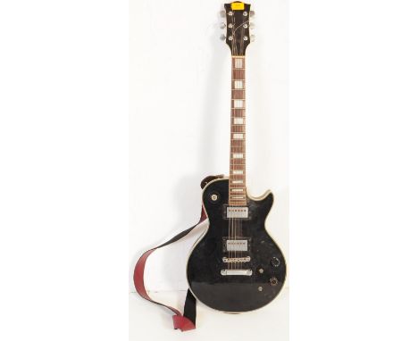 Satellite - A 20th century electric guitar in a black colourway with mother of pearl inlay to fingerboard and white purling t