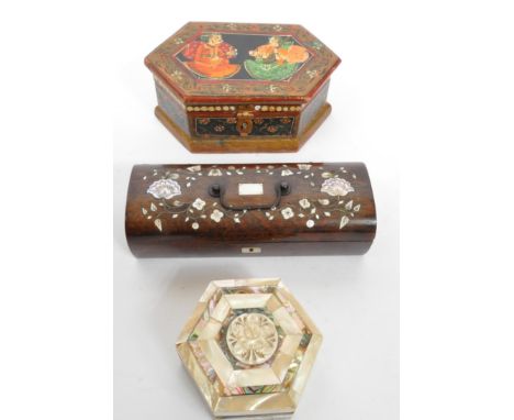 A collection of early 20th century and later boxes to include an inlaid mother of pearl rosewood box, an Anglo-Indian hand pa
