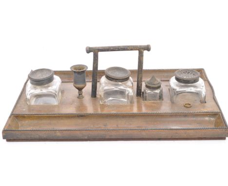 A Victorian 19th century mahogany and silver plated desk tidy combination. Comprising a mahogany base with twin pen tray rece