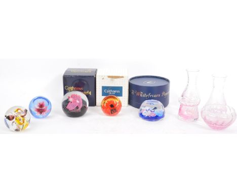 A collection of vintage 20th Century studio art glass paperweights. To include limited edition Whitefriars Coronation millefi