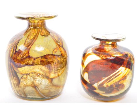 A retro vintage mid 20th century Mdina studio art glass vases. With lipped circular top into a tapering round body with maker