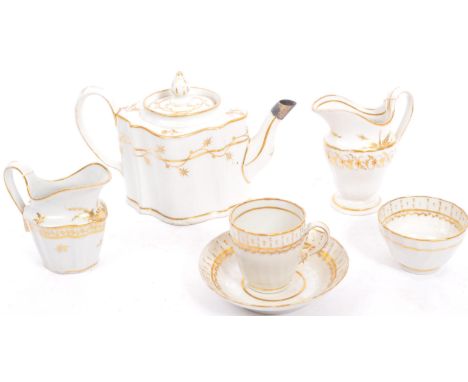 An 18th century New Hall of Staffordshire part tea service. The set comprising of tea pot, 2 x creamer, sugar bowl, cup &amp;