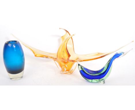 Collection of late 20th century, vintage, retro 1970's studio art glass. To include orange/amber flange vase, large Murano gl