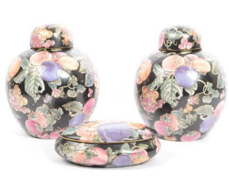 Vintage / late 19th century, hand painted porcelain ginger jars with lidded trinket dish by HFP / H.F.P Macau, China. In a st