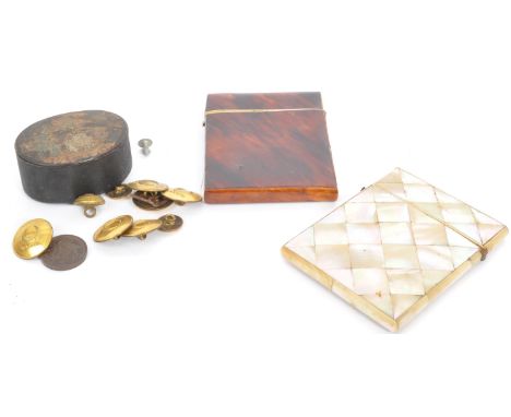 Victorian 19th century mother of pearl calling card case with hinged top (loose) together with a tortoiseshell calling card c