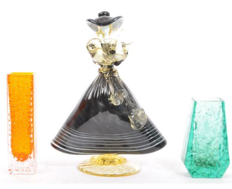 A collection of retro vintage mid 20th century studio art glass. Comprising of Murano dancer in a black dress, coffin vase in