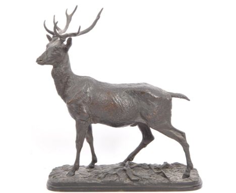 After Pierre - Jules Mêne (1810–1879) - Vintage 20th century spelter sculpture figurine of stag / buck / male deer. In a stan