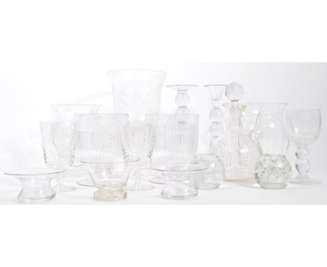 A collection of 20th century cut glass to include vases, bubble control candle holders, bobbin turn effect candlesticks, gobl