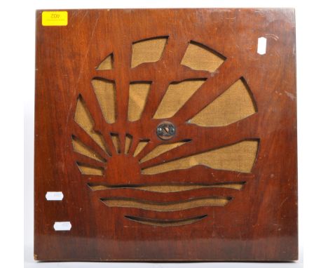 A vintage 20th century circa. 1930's Art Deco speaker with oak veneer having pierced sunburst decoration to front.&nbsp;