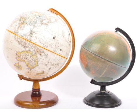 Two vintage 20th century desktop globes to include one example with wooden base and frame and another with acrylic.&nbsp;