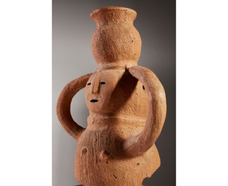 ANCIENT JAPANESE HANIWA EARTHENWARE FIGURE KOFUN PERIOD, 5TH - 6TH CENTURY 古墳時代 埴輪土製人偶像 formed of low fired red earthenware, 