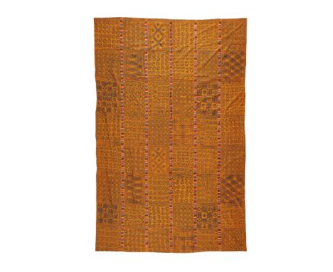 FOUR ADINKRA CLOTHS GHANA strip cloth, the first with a series of separate panels, each block printed with geometrical design