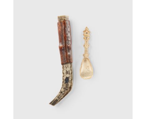 SAAMI KNIFE AND SPOON ARCTIC carved reindeer antler, the spoon with ornate openwork handle and deep bowl with an incised rein