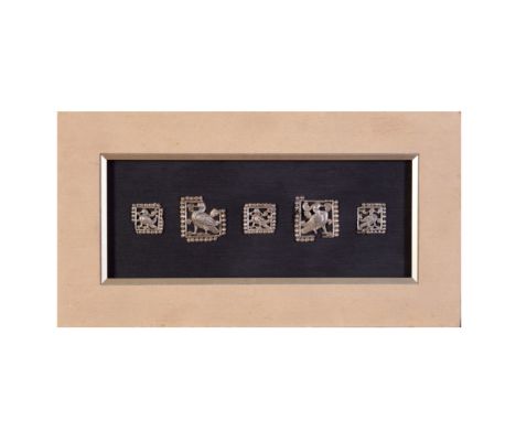 FIVE SILVER ORDOS PLAQUES NORTHERN CHINA, 4TH - 3RD CENTURY B.C. silver, openwork, each displaying a bird a the centre within