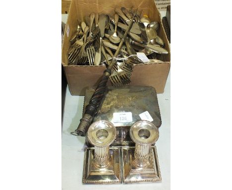 A plated biscuit barrel and cover of rectangular form, a wood-handled white metal toasting fork, (a/f) and other cutlery.
