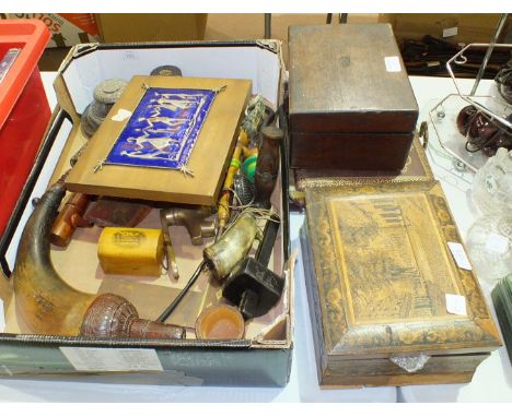 A damaged Tunbridgeware work box, 24cm wide, a stevedore's hook, horn powder flask and other wooden objects.